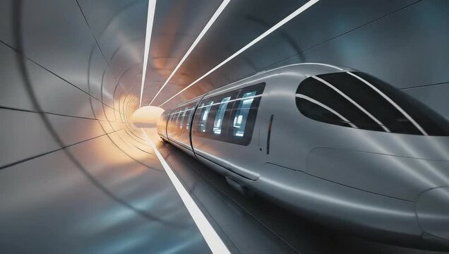 Hyperloop Train Gliding Through Futuristic Tunnel at Sunset.