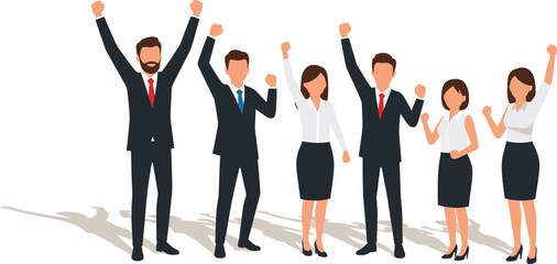 Successful Business Team Celebration Vector: Happy Employees Raising Hands, Celebrating Corporate Success, Achievement, Victory, and Teamwork Concept.