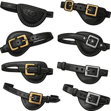 Create a kinds of deferent Black leather pirate eyepatch for costume accessory vector art with white background..