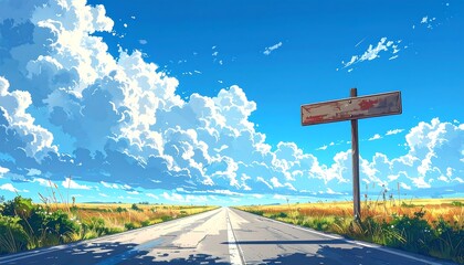 Anime-style illustration of a rural road under a bright blue sky