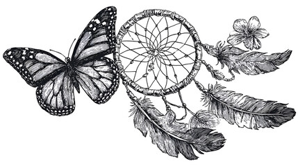 Black/white grunge drawing shows butterfly, dreamcatcher, flower, feathers. Great for T-shirt design, posters, tattoos.