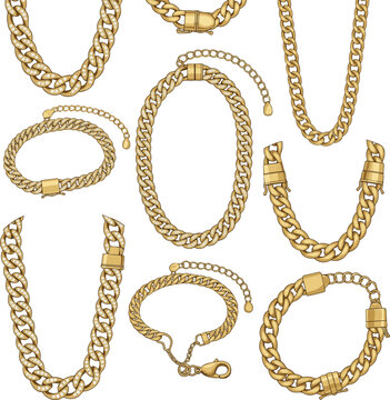 Create a kinds of deferent Gold Cuban link chain necklace for men vector art with white background..