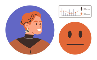 Portrait of a person, neutral face emoticon expressing balance, chart with lines and bars for data insights. Ideal for emotions, feedback, profiling, analytics, communication, assessment