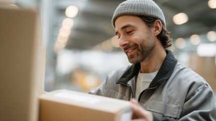 A young man wearing a grey beanie and a grey jacket. he is standing in a warehouse and is holding a cardboard box in his hands. he has a beard and is smiling as he looks at the box.