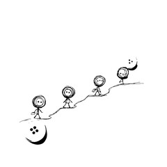 Stick figures climbing hill illustration, simple line art drawing, journey and progress concept, black and white art