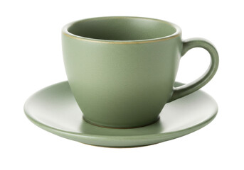 Isolated sage green ceramic teacup sits on saucer, cozy drinkware set for morning tea break
