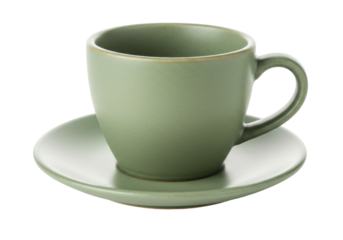 Isolated sage green ceramic teacup sits on saucer, cozy drinkware set for morning tea break