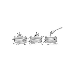 Pancakes running with syrup breakfast food drawing vector illustration delicious sweet dessert for kids 100