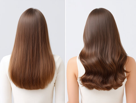 ストレートヘアとウェーブヘアの比較。艶感アップのウエーブヘアスタイリング