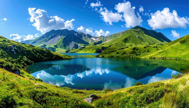 A picturesque mountain landscape featuring a calm, blue lake surrounded by vibrant green hills and majestic peaks, with clouds reflected in the water.