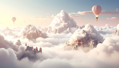 Dreamy landscape featuring majestic snow-capped mountains and hot air balloons floating above fluffy clouds.