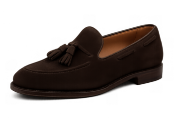 Brown suede tassel loafer men's shoe showcasing classic fashion footwear style and elegance, transparent background