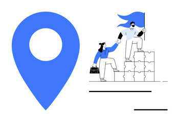 Large marker pin beside figures climbing puzzle blocks leader helps team member ascend. Ideal for guidance, support, leadership, teamwork, growth, problem-solving, goal-setting. Simple flat metaphor