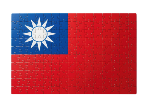 Jigsaw Puzzle with Bold Red and Blue Flag Design