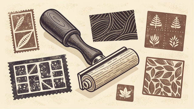 Botanical linocut stamps and roller create a rustic, vintage aesthetic for invitations, scrapbooks, or craft projects with a natural, earthy charm