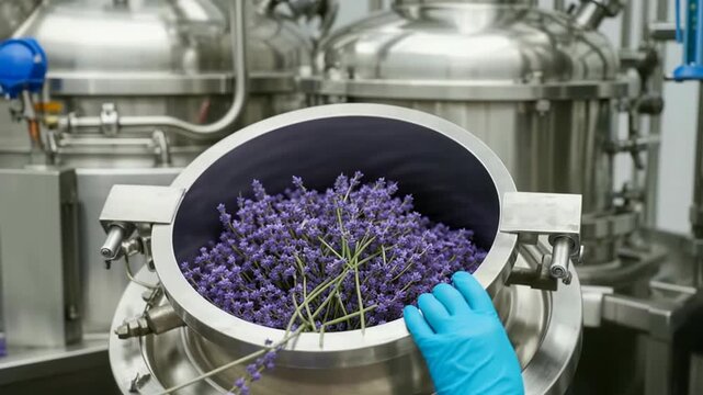 Fresh lavender flowers are placed in an industrial distillation unit. Stainless steel equipment extracts essential oil through precise processes, showcasing modern craftsmanship and efficiency.