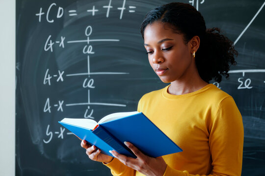 Young Black woman standing in front of chalkboard holding open book, reading attentively with mathematical equations in background, focused on studying