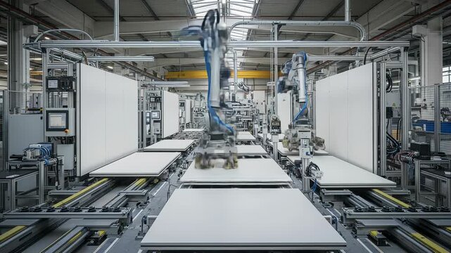 Timelapse of robotic arms assembling eco friendly wall panels on a production line with recycled materials in factory