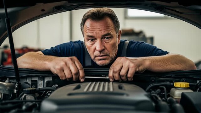 View inside a car engine compartment showing an auto mechanic focused on repair work with grease-stained hands