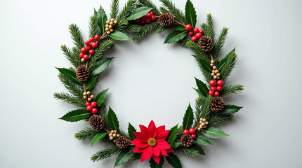 Flat Lay Christmas Wreath Frame Made of Fir Branches, Red Berries, and Poinsettia on White Background | Festive Holiday Border with Central