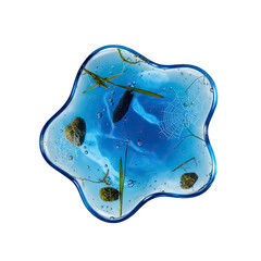 Abstract Blue Blob with Floating Debris and Bubbles Against a Black Background Reflecting Light