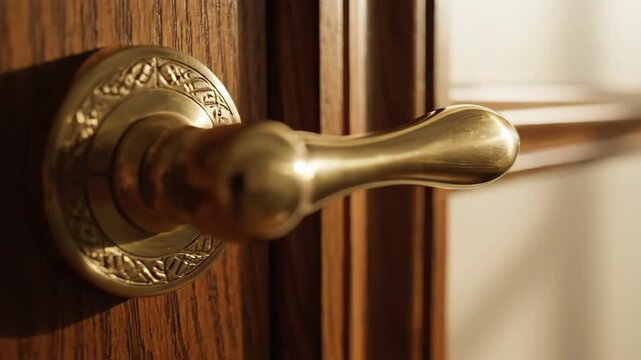 Golden Door Handle On Dark Wood Door Shines in Sunlight