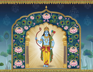 Divine Illustration of Lord Rama Hindu God with Bow and Arrow, Lotus Archway Design.