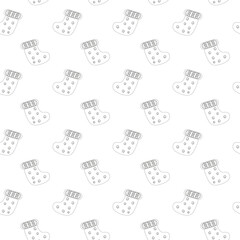 Seamless festive pattern of outlined Christmas stockings with snowflake and ornament details. Diagonal layout on white background. Playful holiday design for wrapping paper, textiles, or seasonal