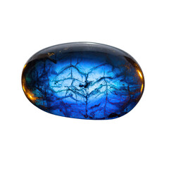 Abstract Blue Gemstone with Internal Cracks and Golden Glow Isolated on Black Background Macro Photography