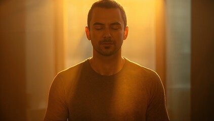 Experience mindful calm as a man meditates in golden light, bringing serenity and balance to your wellness journey and spiritual growth
