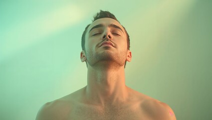Tranquil man with closed eyes bathed in soft light, finding inner peace and relaxation, perfect for wellness, meditation, or mindfulness themes