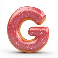 A font G donut shape with pink strawberry cream topping, snack food isolated white