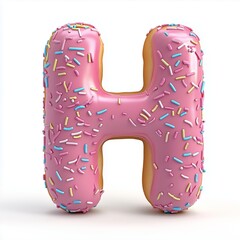 A font H donut shape with pink strawberry cream topping, snack food isolated white