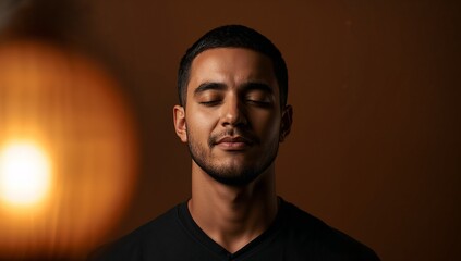Relaxed young man enjoying peaceful moment of mindfulness, eyes closed in serene meditation, embracing inner calm and stress relief in studio setting