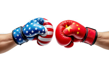 Hands punching in boxing gloves featuring a left boxing glove in American flag pattern and a right boxing glove in Chinese flag pattern isolated on white background, fighting of powerful country