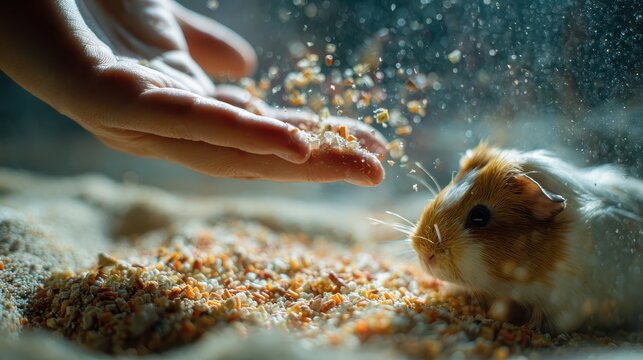 Messy Pet Corner concept. A hand offers food to a curious hamster surrounded by scattered grains.