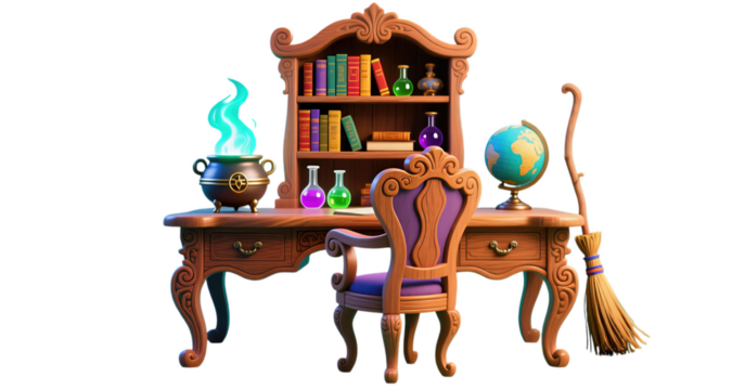 Magical Study Desk with Books and Potions