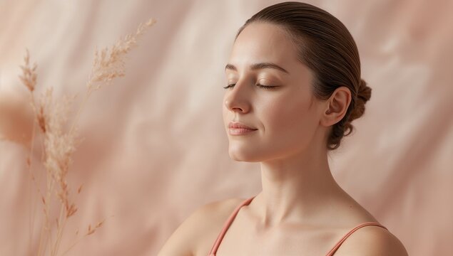 Serene woman embracing mindfulness, eyes closed, radiating inner peace and tranquility for wellness campaigns and beauty product ads