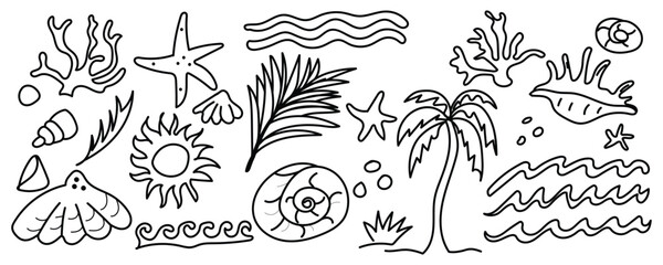 Soft Ocean Scene Doodles, Calm Beach Sketch Artwork, Minimal Coastal Drawings