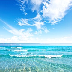 Clear blue sky above ocean with waves and distant land