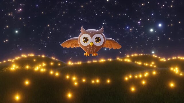 Animated owl flying against a night sky with illuminated hills