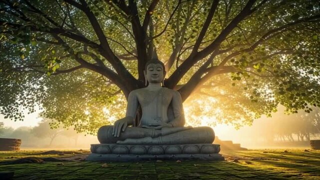 Serene Buddha statue beneath a vibrant tree with flowing sunlight, perfect for inspiring mindfulness and spiritual growth in video projects