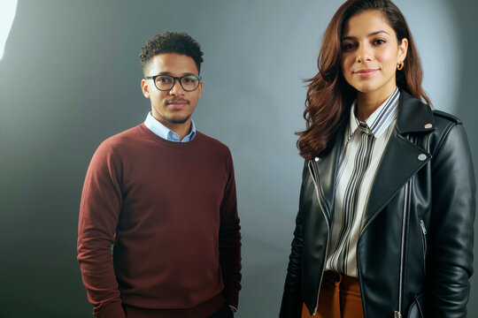 Young woman and Black young man standing together looking at camera, both displaying neutral expressions, professional studio background, upper body