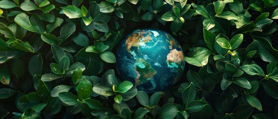 World globe surrounded by green leaves in nature, symbolic ecological concept for environmental.