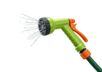 Isolated garden hose nozzle with water streaming from holes in the spray head outdoors