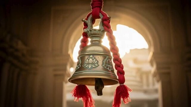 Ethereal temple bell swinging gently, resonating with spiritual energy, perfect for mindfulness, travel, or cultural exploration videos