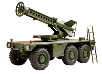 Military rocket launcher mounted on a rugged six-wheel vehicle