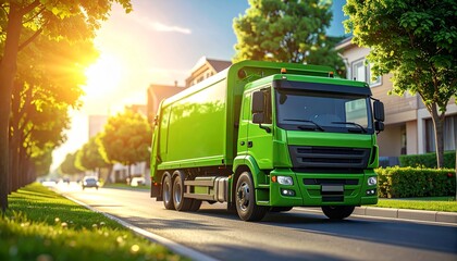 A bright green garbage truck drives down a sunlit suburban street in the morning.