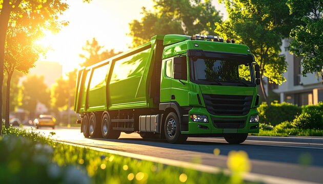 A vibrant green garbage truck drives down a sunlit street lined with lush trees and modern buildings.