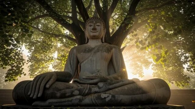 Sunlight streaming through the bodhi tree illuminates the serene Buddha statue, inspiring contemplation and inner peace, perfect for wellness retreats